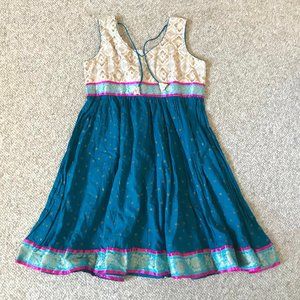For kids Girls silk Hand Crafted Ethnic Wear White Gold Blue Floral Polka Dot 10